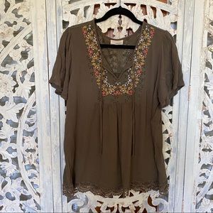 Dept222 Olive Green Blouse Embroidered Crochet L